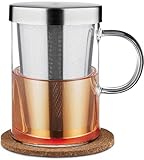 Cosumy Teetasse mit Deckel und Sieb - Teeglas mit Sieb & Untersetzer 400ml - Teebecher Groß aus Borosilikat Glas - Feinmaschiger Filter