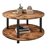 VERFARM Couchtisch Rund, 2 Ablagen, Wohnzimmertisch, Beistelltisch, Kaffeetisch, Sofatisch, für Wohnzimmer, Schlafzimmer, stabiles Metallgestell/MDF Platte, 60 x 60 x 48.5 cm, vintagebraun-schwarz
