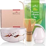 Matcha Tee Set mit Besen, Teeschale und Japanischem Bio Matcha Pulver Tee - Marmor Design (Weiß)