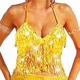 Evlry Pailletten-Neckholder-Top Mit Goldener Quaste - Glitzerndes Bra-Top, Bauchfrei für Rave-Partys und Clubs - für Frauen und Mädchen
