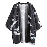 Japanische Kimono Jacke Robe - Traditionelle Klassische Haori Kleidung Tokio Harajuku Antike Stile Floral Geblümte Lockere Jacke Robe Kostüm Bademantel Nachtwäsche für Frauen Männer Mädchen (Schwarz)