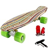FunTomia 57cm Mini-Cruiser Board Skateboard mit oder ohne LED Leuchtrollen inkl. Aluminium Truck, ABEC-9 Kugellager und T-Tool (Strip mit grüne Rollen)