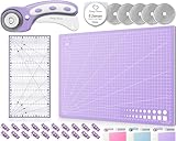 Honey's Heaven 45 mm Rollschneider Stoffschneider Set inkl. Schneideunterlage, Ersatzklingen, Stoffklammern, Patchwork-Lineal (Lavendel, Schneidematte im A3-Format)