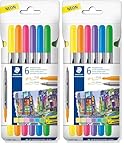 STAEDTLER 3200 Doppelfasermaler neon, zwei Spitzen für schmale und breite Linien, Etui mit 6 Doppelfasermalern in sortierten Farben, 3200 C6F (Packung mit 2)