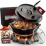 GUSSKÖNIG Dutch Oven Set [9L ] - Eingebrannter Feuertopf mit praktischem Deckelheber und Edelstahl Untersetzer