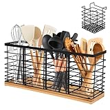Küchenutensilienhalter aus Edelstahl mit Holz-4+1 Fächer Behälter für Küchenutensilien Aufbewahrung,Utensilienhalter Küche mit abnehmbarer Ablage,Große Schale für Messer,Löffel & Kochzubehör(Schwarz)