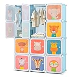 DREAMADE Kinderkleiderschrank mit 8/12 Würfeln, Kinder Kleiderschrank Regalsystem aus Kunststoff, Kinderschrank mit Türen & Kleiderstange für Kinderzimmer, 110x37x145cm (12 Würfeln-Tier-Blau)