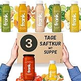 Frank Juice Saftkur 3 Tage mit Suppe | 15 x 330ml Säfte + 3 x 350ml Bio Suppen + 3 x 60ml Bio Ingwer Shot | Direktsaft kaltgepresst Vegan | ideale Fastenkur aus frischem Obst & Gemüse (3,75€ Pfand)