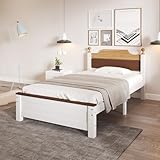 Ball & Cast Massivholzbett (90x200cm) mit Farblich Abgesetztem Kopfteil, Holzbett mit Lattenrost, ohne Matratzen, EStabil & Rauschlos, Weiß