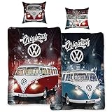 VW Volkswagen Bulli Bettwäsche Originals Übergröße 155 cm x 220 cm + 80 cm x 80 cm Rot Blau 100% Baumwolle Renforcé-Linon-Qualität Retro Camper Van 2 Motive Wendebettwäsche Reißverschluss 087