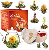 Creano Geschenkset Erblühtee Teeblumen Mix in Holzschachtel in Herzform - 6 Sorten Weißer Tee inkl. Glas Teekanne 500ml, Geschenk für Frauen, Mutter, Teeliebhaber