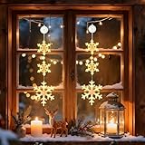 Weihnachtsbeleuchtung Fenster Innen,2 Stück LED Schneeflocken Fenster Batteriebetriebene mit Saugnäpfe,Fensterdeko Weihnachten Warmweiß mit Timer,3 Modi,Lichtervorhang für Fensterlicht Weihnachtsdeko