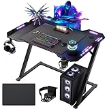 Claiks Gaming Tisch mit LED 100x60 cm, Gaming Schreibtisch Z-Frame, Ergonomischer Gamer PC Tisch mit Getränkehalter, Kopfhörerhaken, Stabiler Computertisch, Schwarz