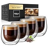 ElbFuchs® Doppelwandige Espresso Gläser [4x 100ml in GASTRO-QUALITÄT] Espressotassen Set | Thermogläser doppelwandig | Ausgefallene Espressotassen Glas ohne Henkel für alle Espressomaschinen