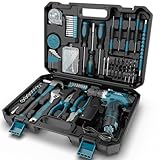 Sundpey Werkzeugkoffer Gefüllt 206tlg, 12V Akkuschrauber zum Anziehen/Lösen von Schrauben, Haushalts Werkzeugkasten Werkzeug Koffer Werkzeugset für Reparaturen im Haushalt und Heimwerken, Blu