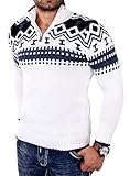 Reslad Herren Strickpullover Crewneck Zipper Norweger Pullover RS-3110 Weiß M