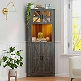 Gurexl LED Sideboard Eckschrank Buffetschrank, Landhausstil küchenschrank Mit Kabelloser Ladestation, Smart Mehrzweckschrank Dimmbares RGB 20 Farben,Holz Braun