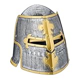 Relaxdays Ritter Helm, mit klappbarem Visier, für Fasching & Karneval, Mittelalter Topfhelm, Kunststoff, Silber/Gold