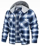 TACVASEN Herren Checked Hemd Jacke Langarm Holzfällerhemd Flanelljacke Plaid Shirts Karohemd mit Kapuze (Blau Weiß, L)