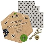 ecolly Bienenwachstücher 3er-Set (S, M, L), Bienenwachspapier, Beeswax Wrap, Plastikfrei & wiederverwendbar, OHNE Jojobaöl, inklusive Knopf & Baumwollfaden - Grey Spots