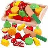 Zourglow Kinderküche Zubehör Holz, Montessori Spielzeug ab 3+ Jahre, Küchenspielzeug Schneiden Obst Lebensmittel Holz, Lernspielzeug Rollenspiele Pädagogisches Weihnachten Geschenk für Kinder
