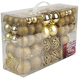 Weihnachtsgeschenke-Set mit 100 Weihnachtskugeln – Dekoration – unzerbrechlich – für drinnen und draußen – Kunststoff – Ø3/4/6 cm – matt, glänzend, glitzernd und offen – Gold