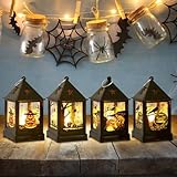 4 Stück Halloween Deko Kerzenlaterne, Halloween Laterne Outdoor mit LED Kerze, Halloween Deko Garten mit Batterie, Halloween Hängende Laternen für Halloween,Herbst Draußen Baum Hängedek Licht