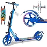 Arebos Cityroller Tretroller Blau höhenverstellbar | klappbar | inkl. Tragegurt | LED Räder | Hand-Tritt-Bremse | Front-Heckfederung | Kinder & Erwachsene | 100kg belastbar | Kickroller | Kickscooter