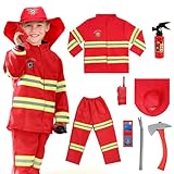 AYBUY Feuerwehr Kostüm Set für Kinder，Feuerwehrmann Kostüm Kinder，Feuerwehr Rollenspiel Set mit Spielzeug-Feuerlöscher，Waschbares Kostüm Feuerwehrmann Set für Karneval, Fasching, Mottoparty (A)