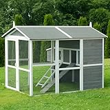 Miweba MyAnimal Hühnerstall MH-15 XXL | 186x146x147 cm - Für 7 Hühner - Nistkasten mit Freilaufgehege - Sitzstange - Winterfest - 2 Ebenen - Hühnerhaus mit Eiablage - Kiefernholz - Voliere (Grau/Weiß)