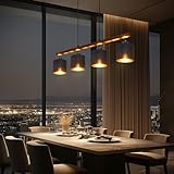 Pendelleuchte Schwarz 4-Flammig Hängelampe Esstisch, Hängeleuchte Pendellampe Esstischlampe Modern m. Holzoptik Balken& Stoffschirm, Metall Schwarz Matt,Max.60W 4 x E27(ohne Leuchtmittel)