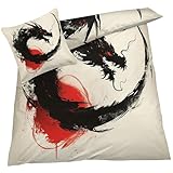 YELDAN Bettwäsche 140x200 Drachen, Japanische Bettbezug, Bettwäsche-Sets 2 teilig, Weich & Bügelfrei Mikrofaser Wendebettwäsche und 1 Kissenbezug 80x80 mit Umschlag