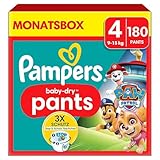 Pampers Windeln Paw Patrol Pants Größe 4 (9-15kg) Baby-Dry, Maxi mit Stop- und Schutz Täschchen, MONATSBOX, 180 Höschenwindeln