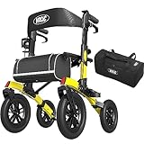 VOCIC Rollator Faltbar und Leicht mit Sitz,Outdoor Rollator mit Gummi-Nonluftbereifung für Allen Gelände,Aluminium Höhenverstellbare Rollatoren für Draußen&Langlauf&Reisen, Gelb(5 Jahre Garantie)