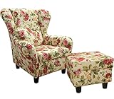 Gemütlicher Ohrensessel mit Hocker im Landhaus-Stil, B90/H98/T76 cm, hoher Sitzkomfort durch Wellenunterfederung, moderner Lesesessel mit Echtholzfüßen u. Zierkissen, Webstoff mit Blumenmuster / 18004
