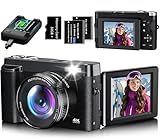 4K Digitalkamera 48MP Autofocus Kompaktkamera Fotokamera mit 32GB Karte, 3 Zoll 180° Flip-Bildschirm, 16X Digital Zoom Kompaktkamera Fotoapparat mit 2 Batterien für Anfänger(Schwarz)