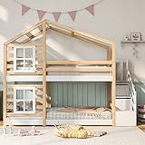 Kehun Etagenbett Kinderbett 90 x 200, Hausbett für 2 Kinder, Hochbett mit Holz Lattenrost, Holzbett mit Schublade und Fenster, Baumhaus Bett mit Rausfallschutz und Treppe, Natur & Weiß, Ohne Matratze.