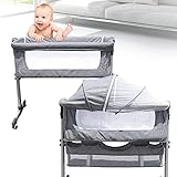 Beistellbett Einstellbare Wiege Reisebett Baby Reisebett Babybett Kinderbett Baby Bett, mit Rollen bis 25kg belastbar, Höhenverstellbar Einstellung der Neigung, mit Aufbewahrungskorb, Moskitonetz