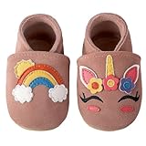 Aiseyi Krabbelschuhe Lauflernschuhe Baby Schuhe Non-Slip Lederpuschen Soft Babyschuhe Atmungsaktive Lederschuhe Babys Kleinkind mit Gummiband für Zuhause Kita Rosa 12-18 Monate