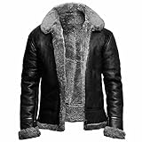 NLAVW Herren Flying Winter Jacket,Shearling Lederjacke Bomber Warm Filling Biker Motorrad Pelz Mantel Jacke,Grau,XL