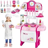 deAO My Little Chef Miniatur-Küchenspielset, Rollenspiel mit Licht und Sound, Wasserspiele und 18 Zubehörteilen (Rosa)