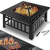 KESSER® Feuerstelle mit Grillrost & Grillzange Feuerschale 82x82x50cm, 3in1 Multifunktional Fire Pit für Heizung/BBQ Grill, Garten Terrasse, Metall Feuerkorb mit Schutzhülle Schürhaken Funkenschutz