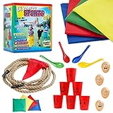 Outdoor Spiele für Kinder Set Gartenspiele für Kinder Sackhüpfen Eierlaufen Tauziehen Dosenwerfen Himmel und Hölle Ring Toss Bean Bag Kinderspiele Wurfspiele für Family Indoor Outdoor (Set 6 in 1)