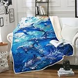 Schafwolldecke 150x200 cm 3D Blaues Delphinmuster extra weiche Wohndecke Flauschige Wolldecke WolleGemütliche Warme Tagesdecke Sofaüberwurf für Geeignet Wohnzimmer Schlafzimmer