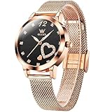 OLEVS Damenuhr Schwarz Edelstahl mit Datumsanzeige Einfache Kleid Damen Armbanduhr Roségold Großes Zifferblatt Lässig Wasserdicht Mesh Uhren Damen Ultradünne Analog Quarz Womens Watch Diamant Herzform