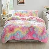 YASMENG Winter Plüsch Bettwäsche 135x200 Regenbogen Bunt Plüsch Langhaar Bettbezug Set Weich Kuschelig Flauschige Bettwäsche 2 Teilig für Kinder Mädchen mit Reißverschluss und 80x80 cm Kissenbezug