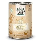 Wildes Land - Nassfutter für Hunde - Bio Ente - 6 x 400 g - Getreidefrei - Extra hoher Fleischanteil von 60% - 100% zertifizierte Bio-Zutaten - Beste Akzeptanz und Verträglichkeit