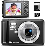4K Digitalkamera, 64MP 2.8“ UHD Kompaktkameras - Autofokus Wiederaufladbare Vlogging Kamera mit 32GB Karte & Akku, Tragbare Reisekameras mit 16X Digitalzoom für Kinder Anfänger Jugendliche