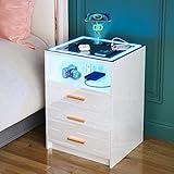 Figbird LED Hochglanz Nachtschrank mit kabellose Ladestation,Intelligent Nachttisch mit Touch-Screen,Nachtkommode mit 3 Schubladen und USB/Type-C Aufladung für Wohnzimmer Schlafraum