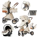 Doraystar Kinderwagen 3 in 1, Kombikinderwagen 3 in 1 mit Zwei Umkehrbaren Schiebemodi, Kinderwagen Set mit Ein-Klick-Faltdesign, Kinderwagen Komplettset Rahmen Aluminiumlegierung (V9 Creamy White)